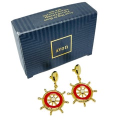 AVON vintage gold tone red enamel nautical designer drop earrings