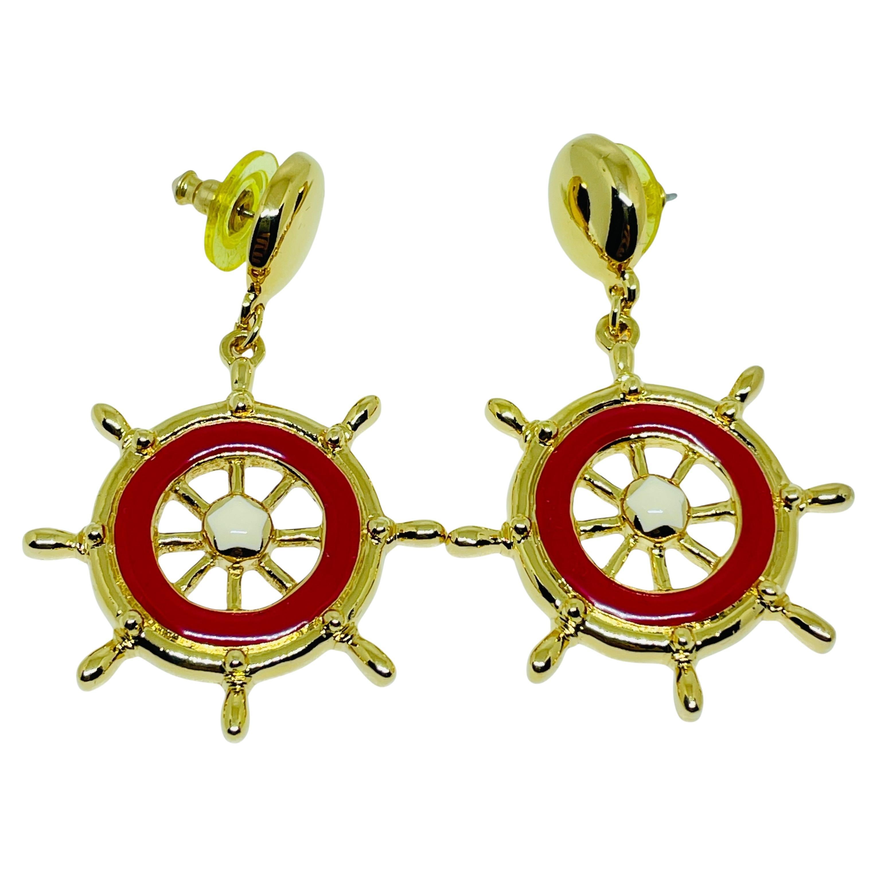 AVON vintage gold tone red enamel nautical designer drop earrings