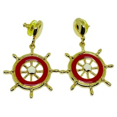 AVON vintage gold tone red enamel nautical designer drop earrings