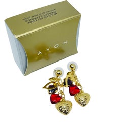 AVON vintage gold tone red multi heart designer drop earrings