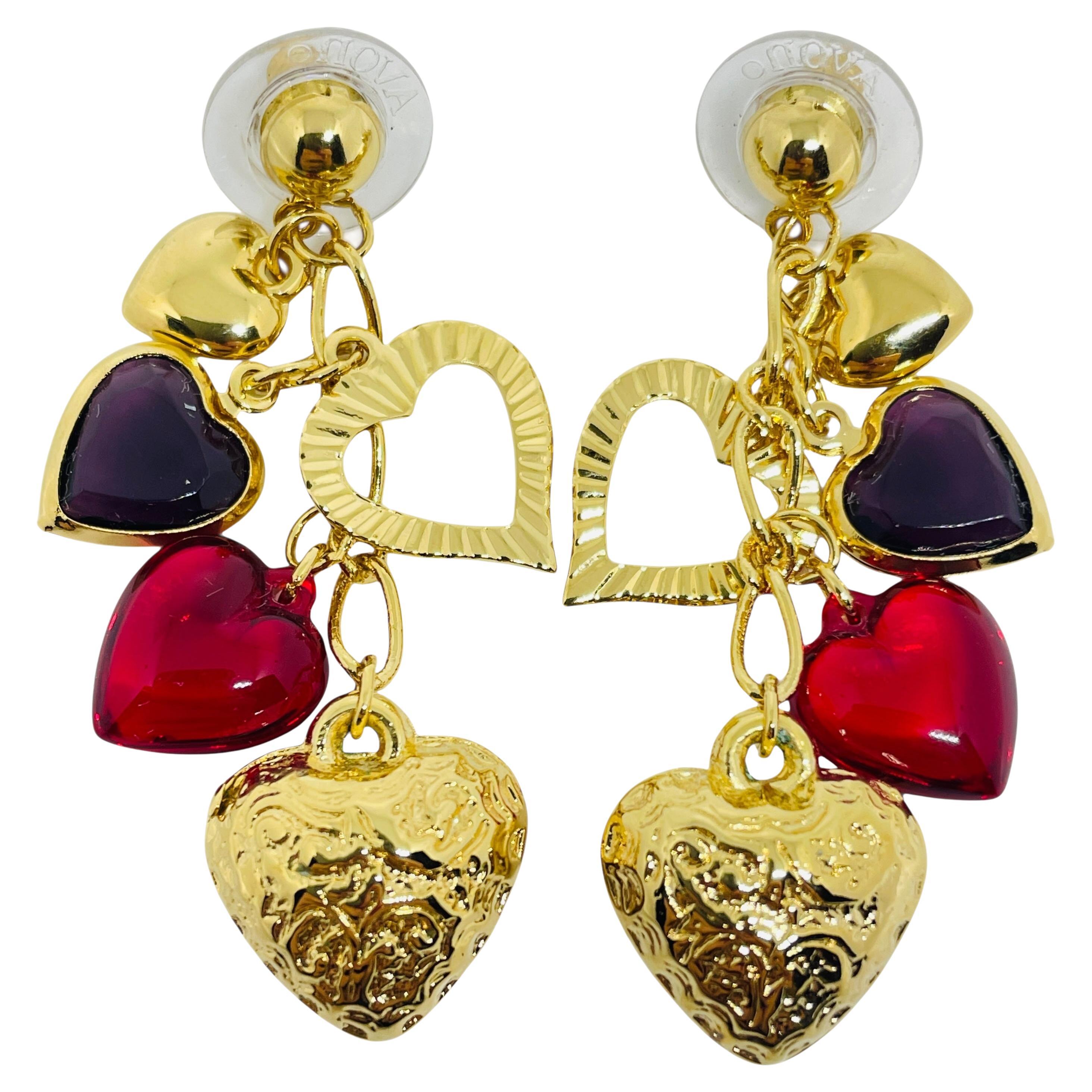 AVON Vintage Gold Ton Rot Multi Herz Designer Tropfen Ohrringe im Angebot