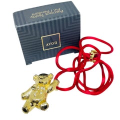 AVON vintage gold tone rhinestone 'PRECIOUS TEDDY designer brooch necklace