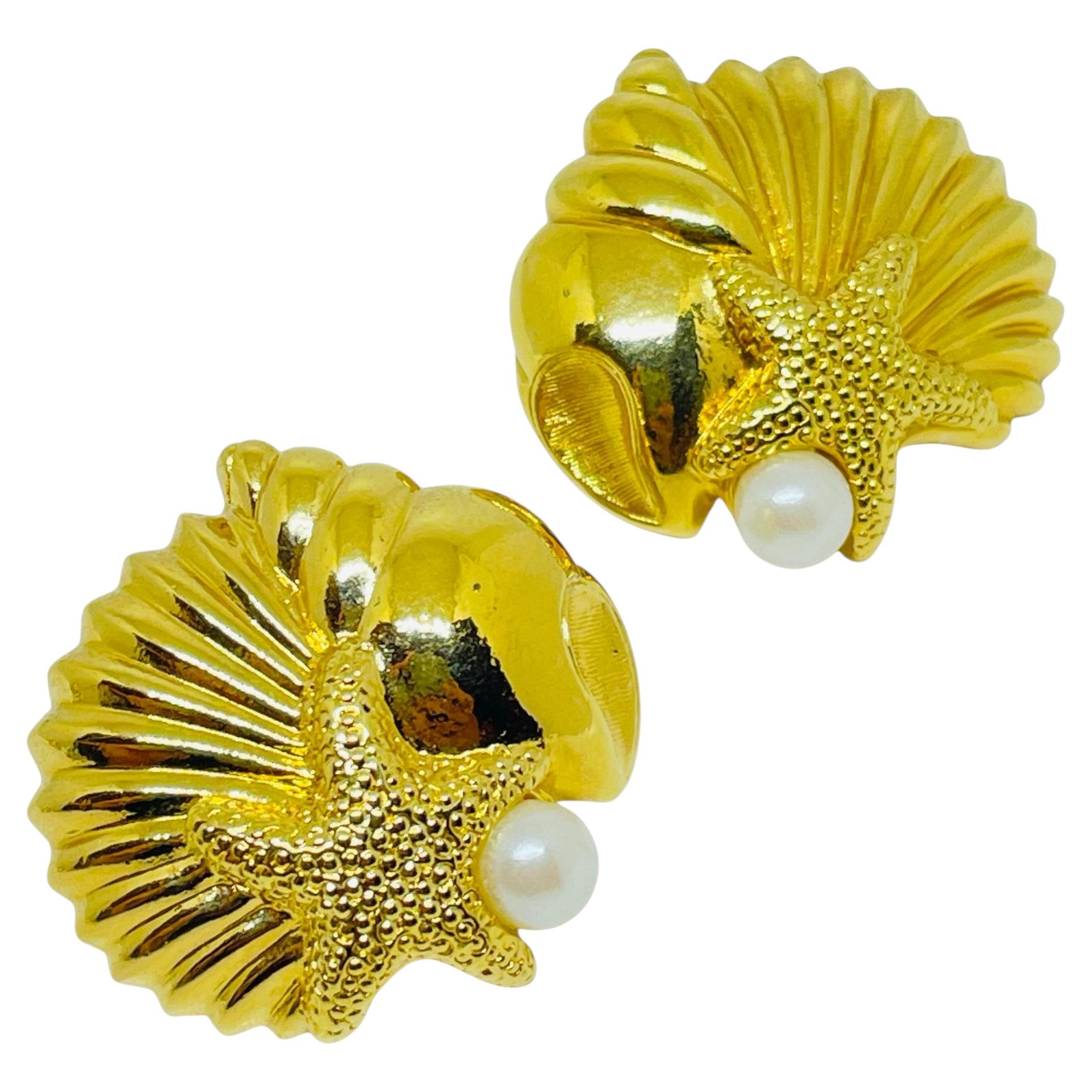AVON vintage gold tone seashell starfish pearl designer pierced earrings