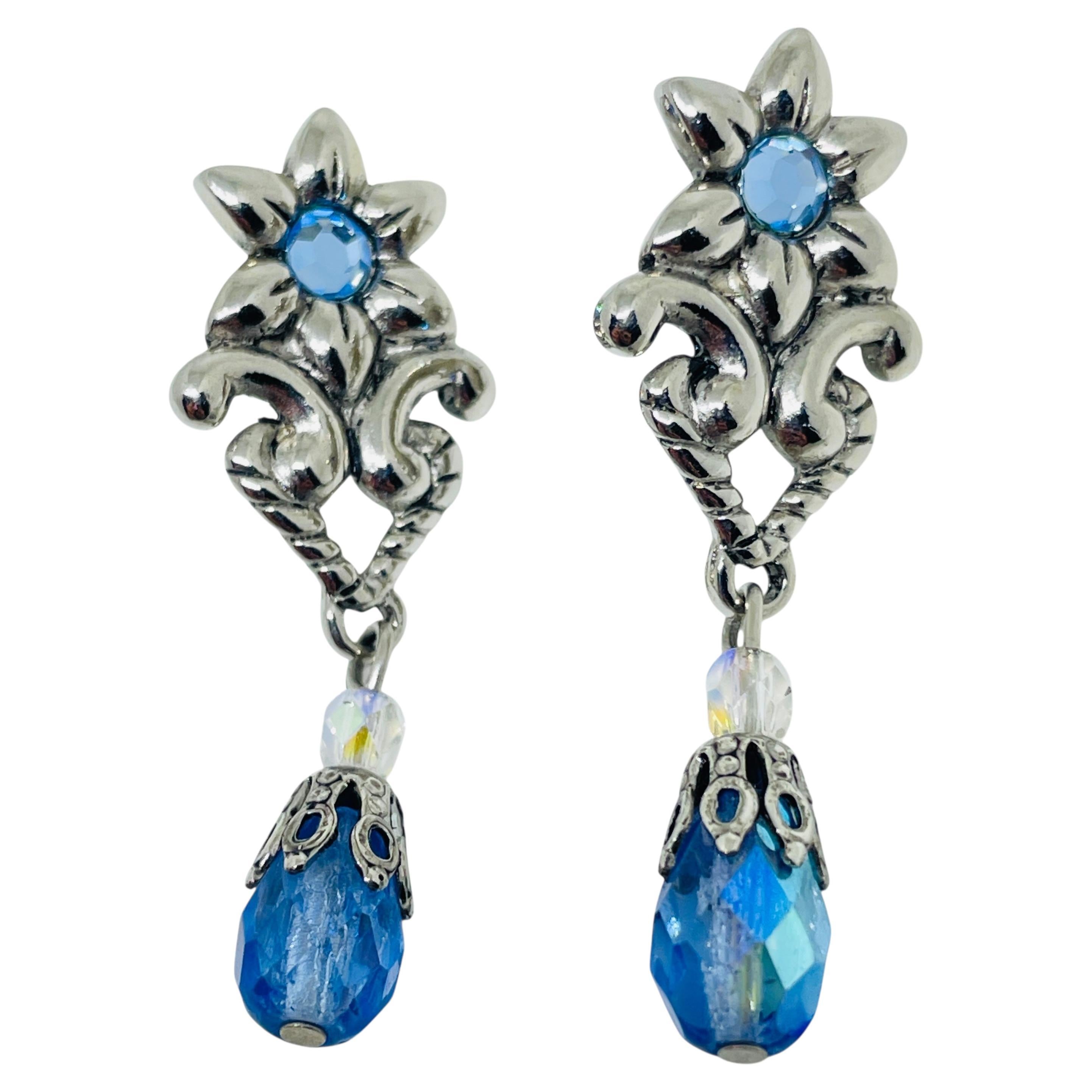 AVON vintage silver tone blue crystal dangle designer pierced earrings For Sale