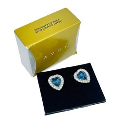 AVON Vintage Silber Ton Saphir blau Herz Designer Ohrringe durchbohrt