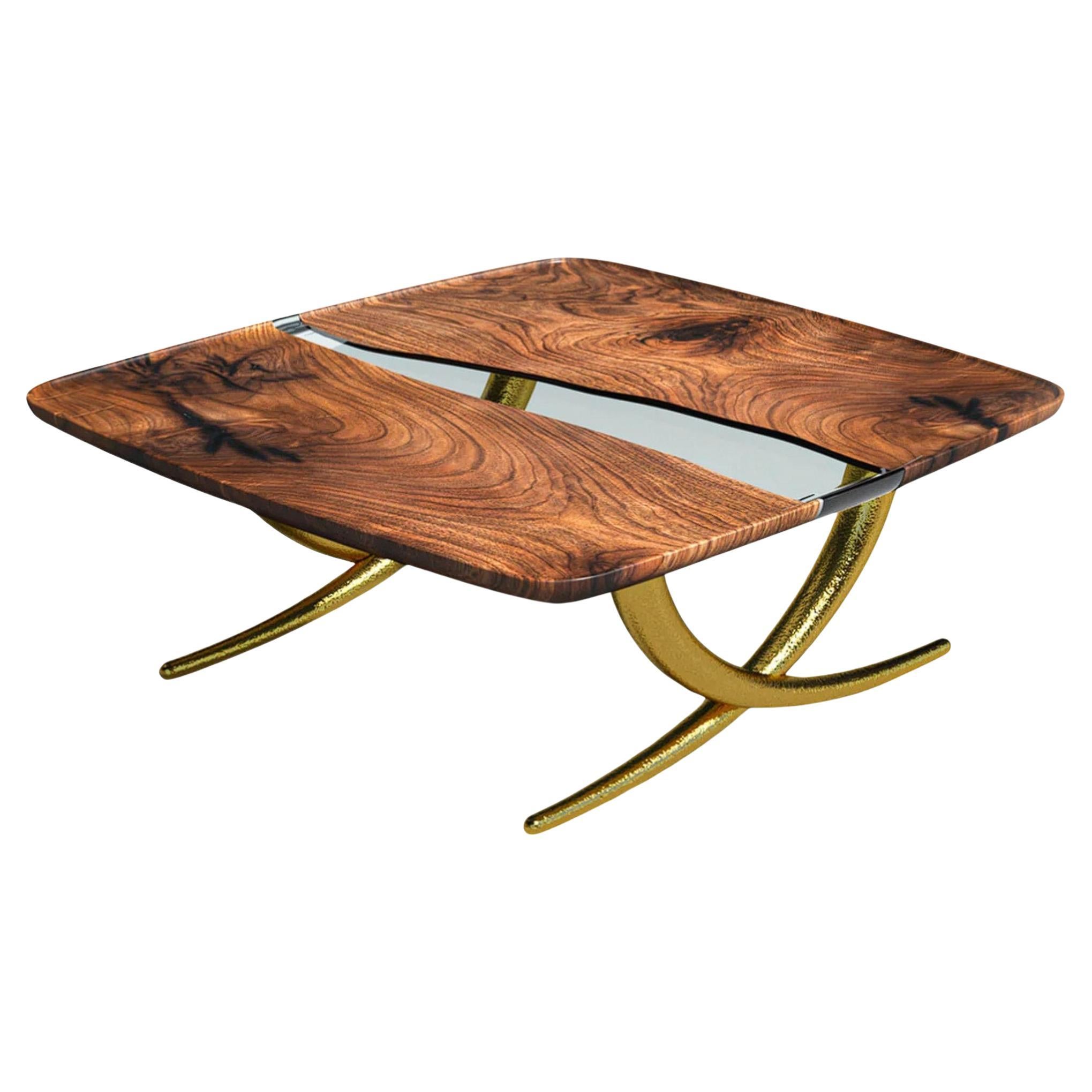 Avorio Coffee Table: Hammerred Aluminum Walnut Resin Coffee Table For Sale