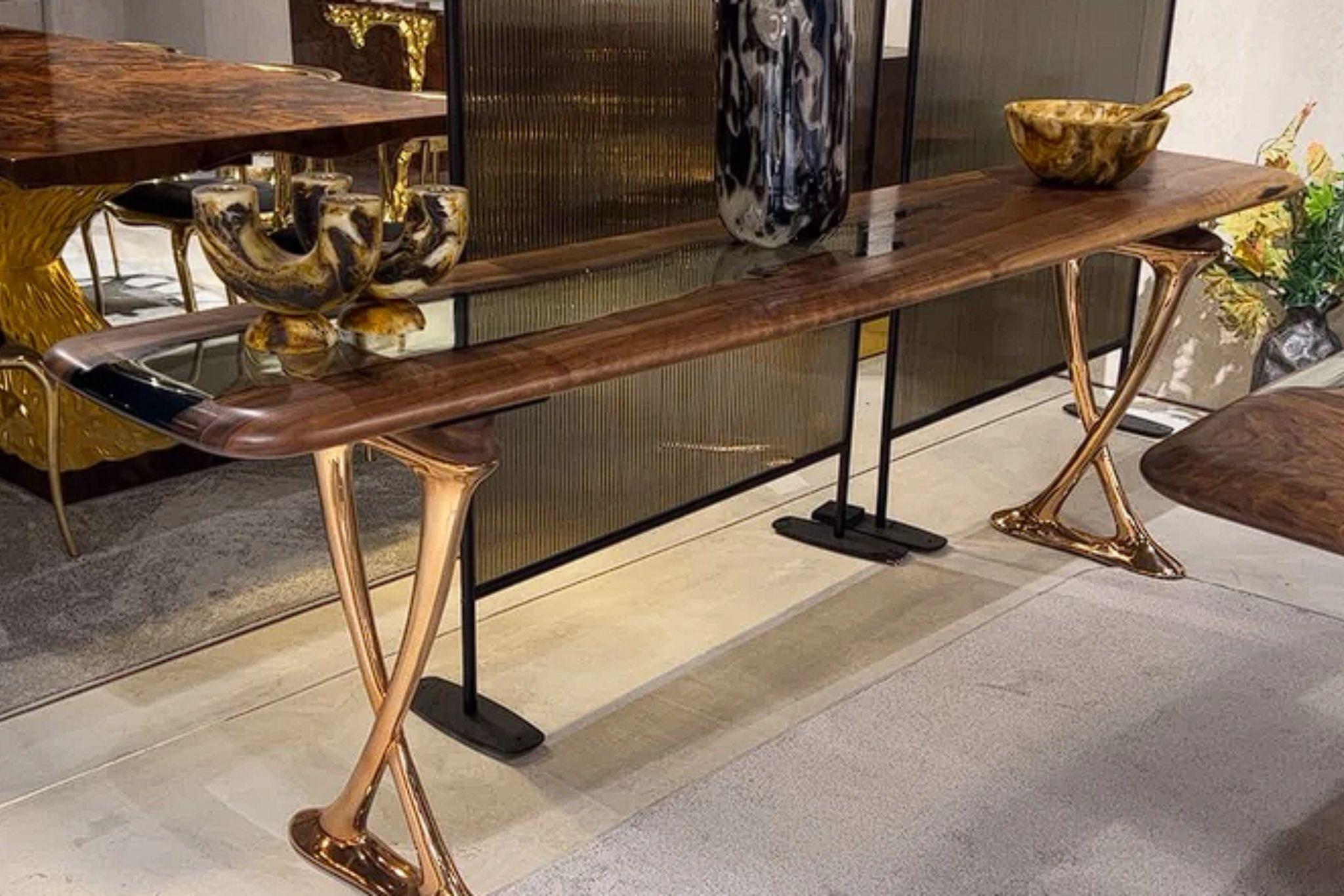 Contemporary Medma Console Table: Cast Aluminum Walnut Resin Console Table For Sale