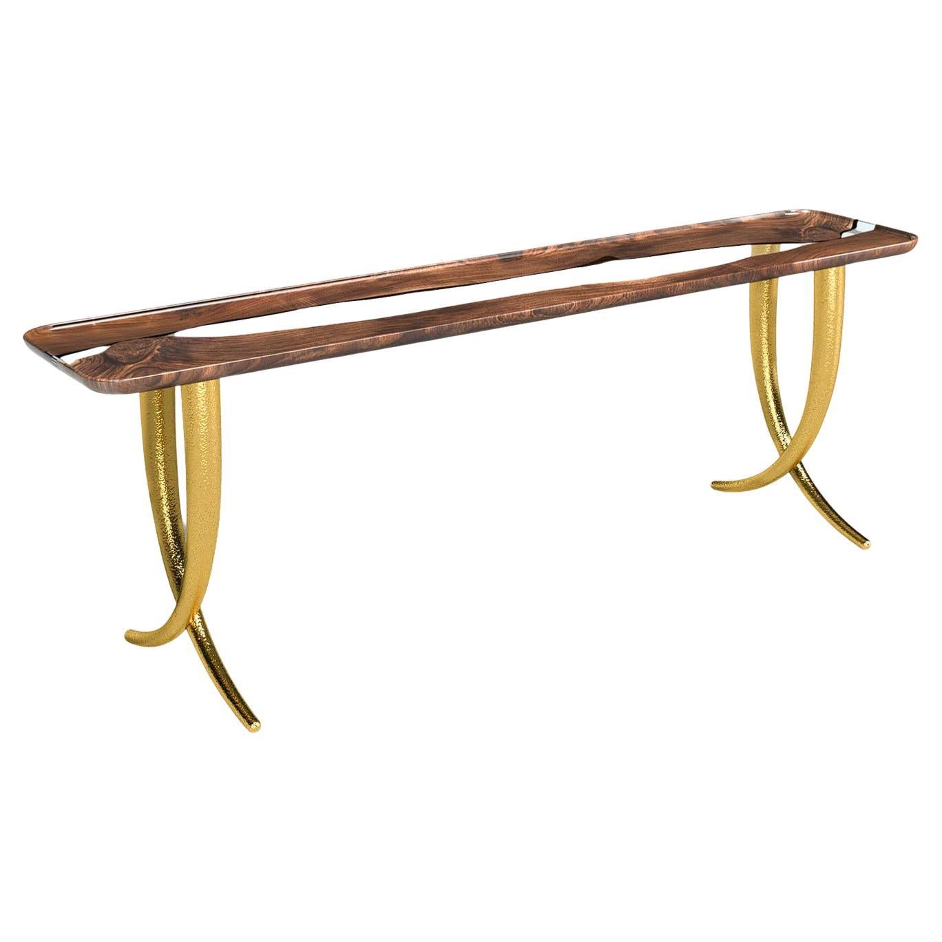 Avorio Console Table: Hammerred Aluminum Walnut Resin Console Table For Sale