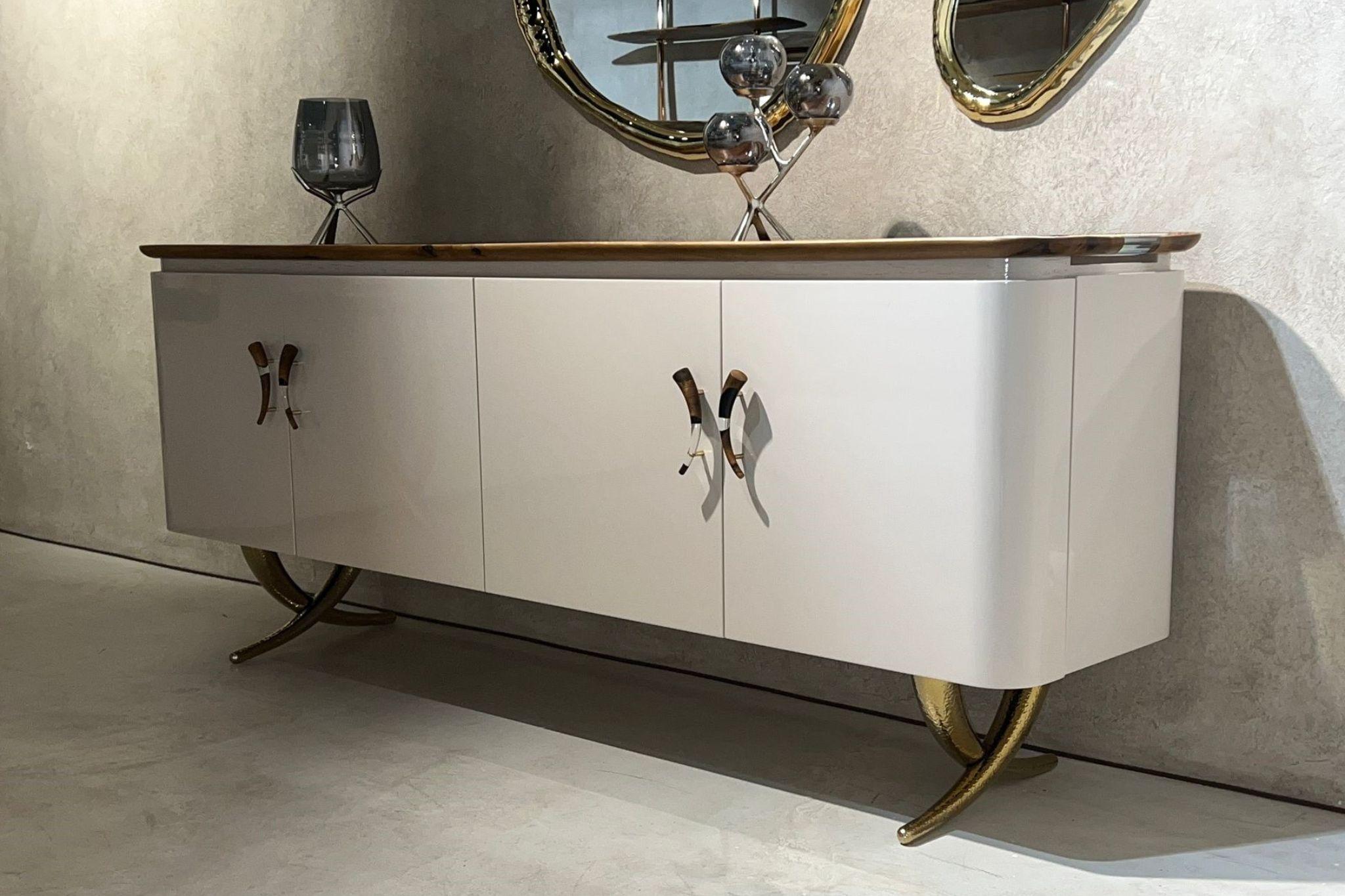 Avorio Credenza: Hammerred Aluminum, Walnut Resin Top For Sale 1