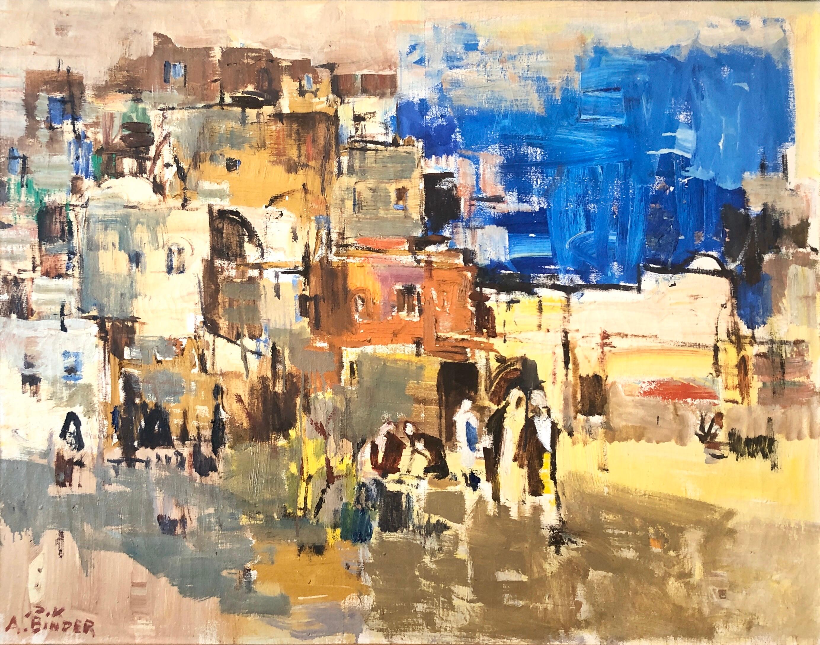 Large Abstract landscape of Jerusalem Israeli Oil Painting Judaica - Brown Abstract Painting by Avraham Binder
