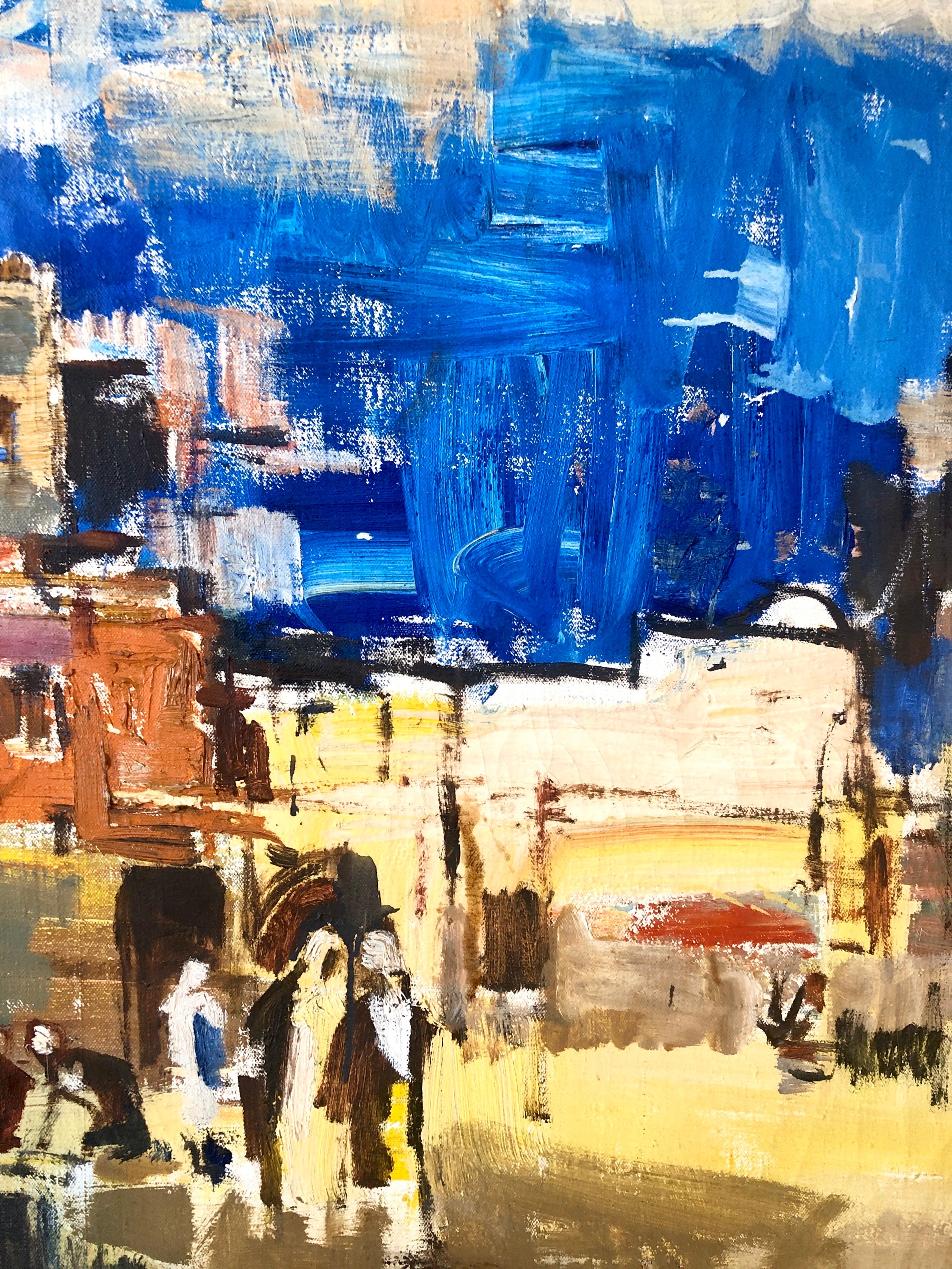 Large gilt framed abstract modernist landscape of Jerusalem. Framed it measures 33.25 X 41.25 inches. Canvas measures  28 x 36 inches. Bold Blue sky.
 

Avraham Binder was born in 1906 in Vilnius (or Vilna), now part of Lithuania. He began painting