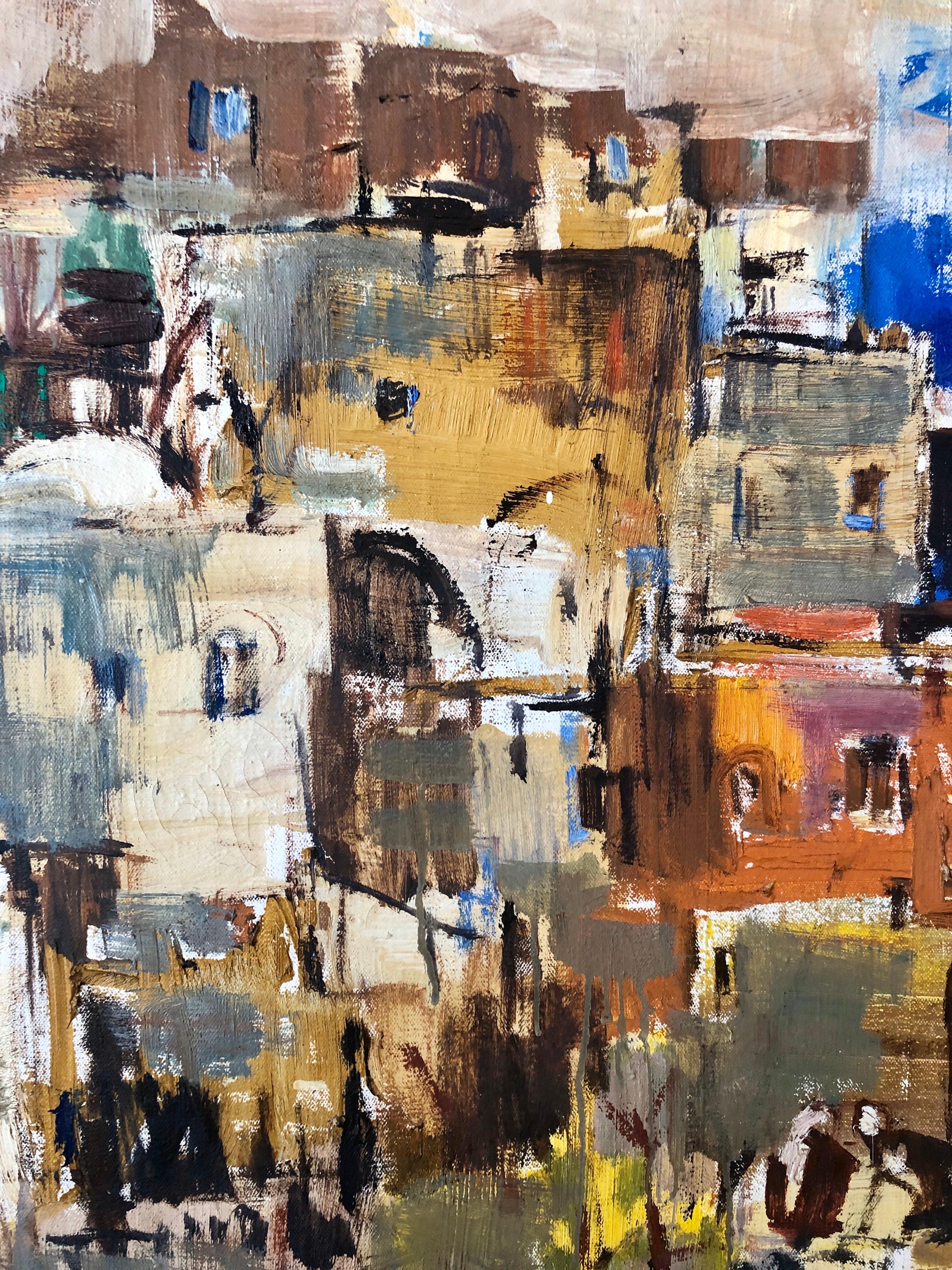 Grand paysage abstrait israélien de Jérusalem, peinture à l'huile judaïque - Marron Abstract Painting par Avraham Binder