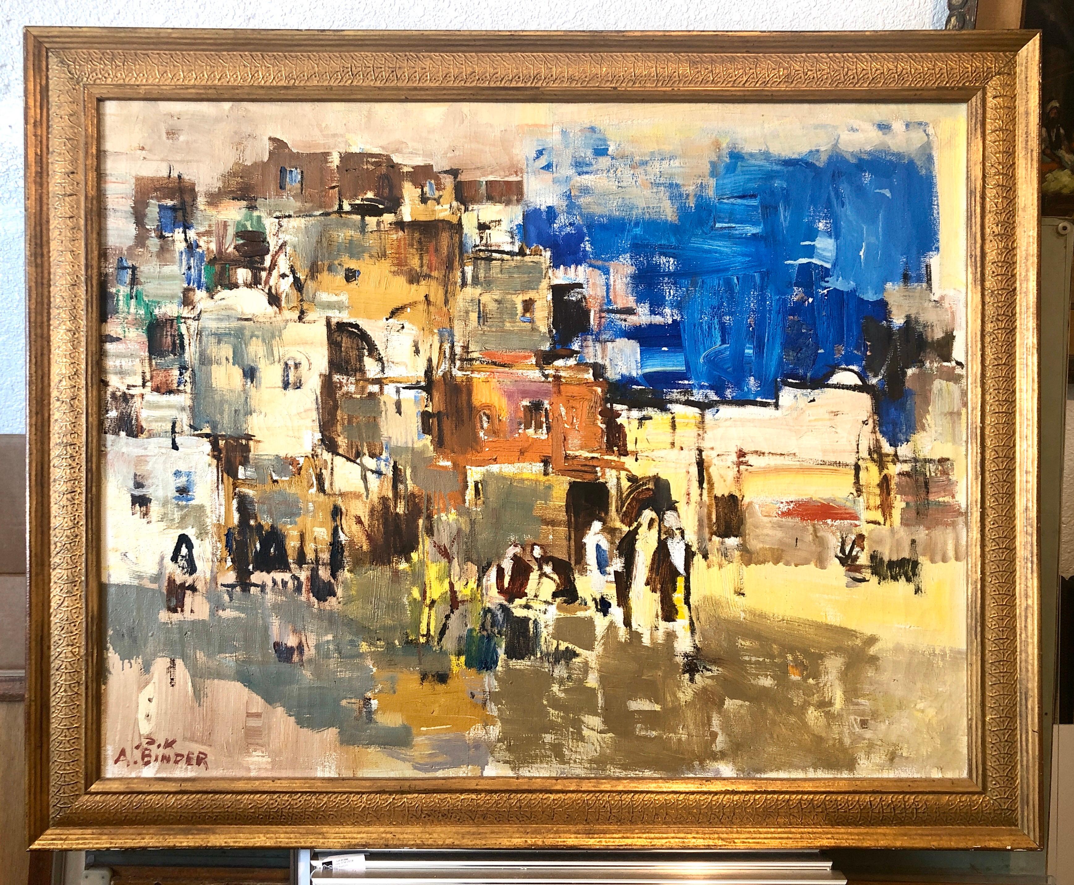 Large gilt framed abstract modernist landscape of Jerusalem. Framed it measures 33.25 X 41.25 inches. Canvas measures  28 x 36 inches. Bold Blue sky.
 

Avraham Binder was born in 1906 in Vilnius (or Vilna), now part of Lithuania. He began painting