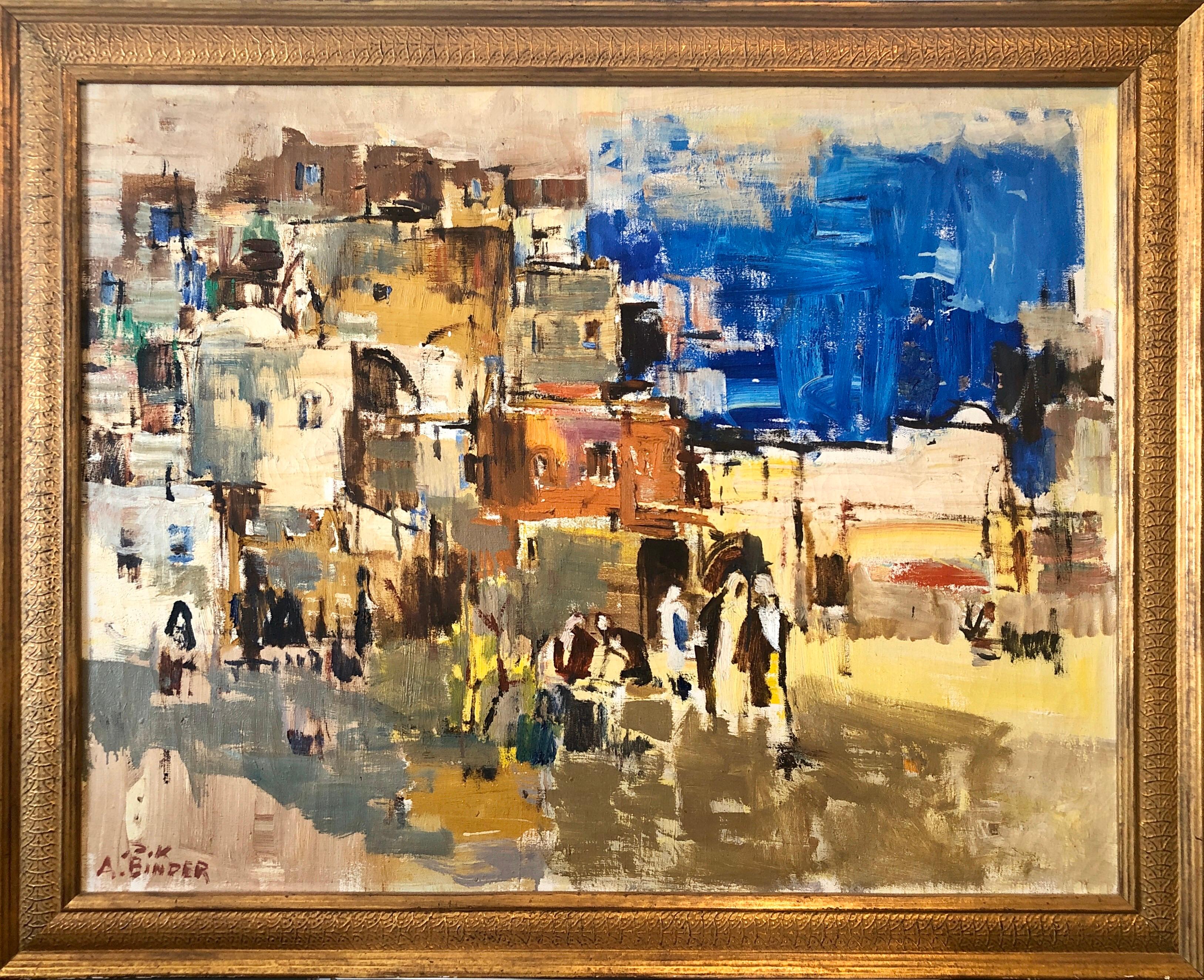 Avraham Binder Abstract Painting - Large Abstract landscape of Jerusalem Israeli Oil Painting Judaica