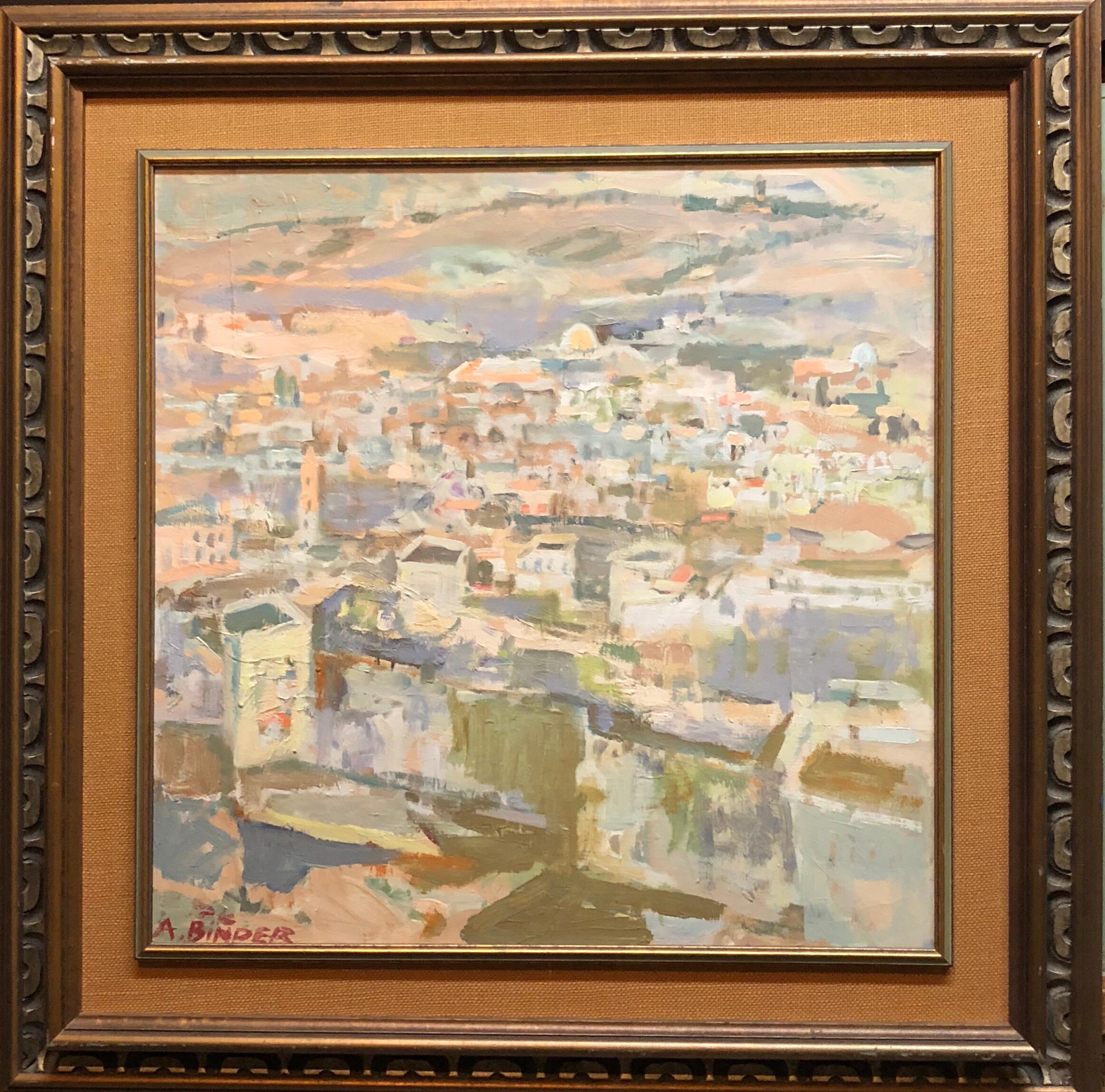 Avraham Binder Landscape Painting – Große abstrakte Landschaft Jerusalems, israelisches Ölgemälde Judaica