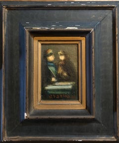 Israeli Miniature Oil Painting Women in Conversation Judaica