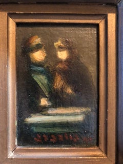 Israeli Miniature Oil Painting Women in Conversation Judaica