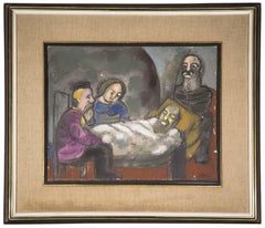 Visiting the Sick, Modernist Israeli Oil Painting