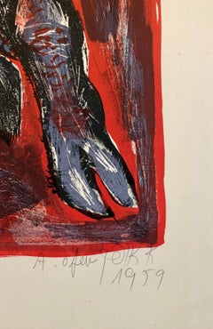 1959 Israeli Avraham Ofek Leviathan Modernist Lithograph, Bull, Bezalel School