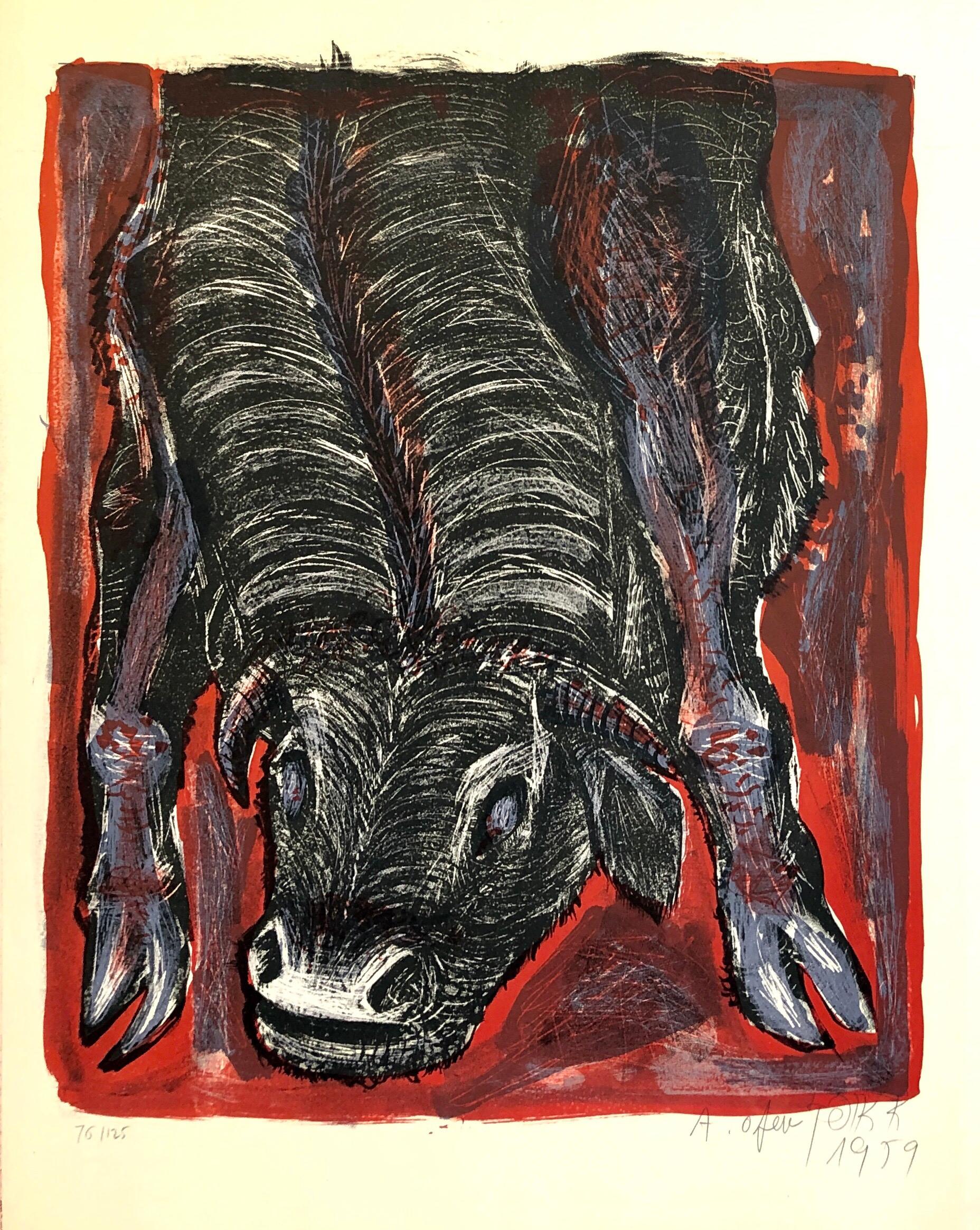 1959 Israeli Avraham Ofek Leviathan Modernist Lithograph, Bull, Bezalel School For Sale 2