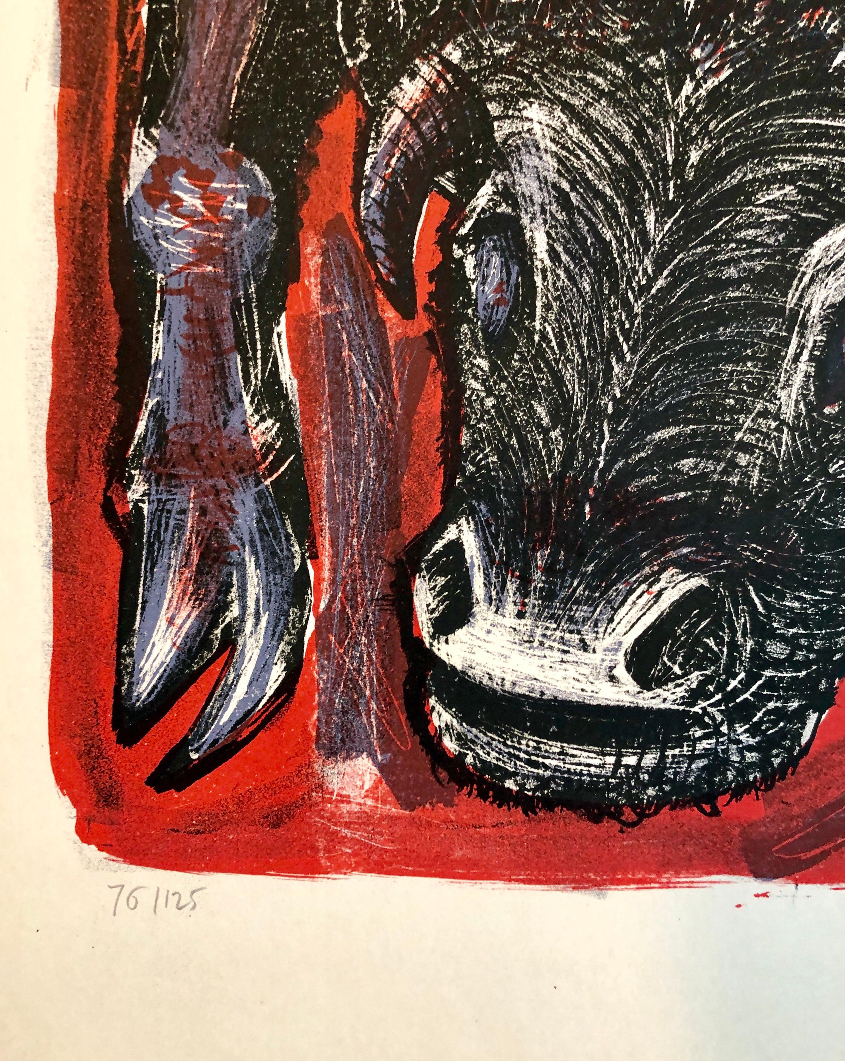 Bright, vibrant purple, red and black bull or ox. 
1959 Lithograph 