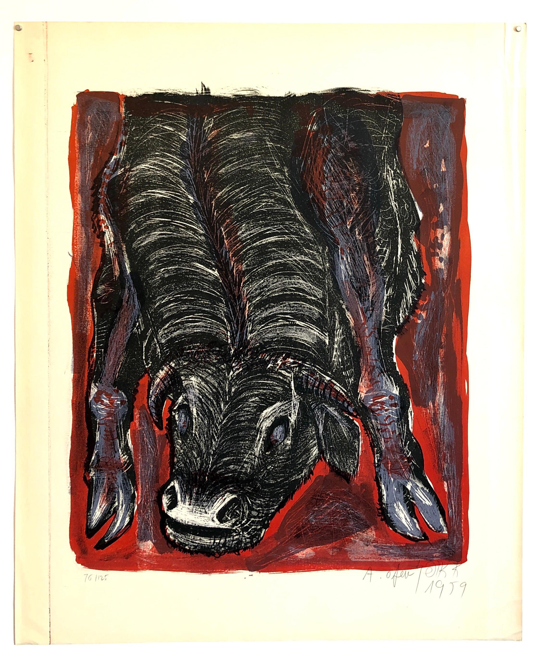 1959 Israeli Avraham Ofek Leviathan Modernist Lithograph, Bull, Bezalel School For Sale 2