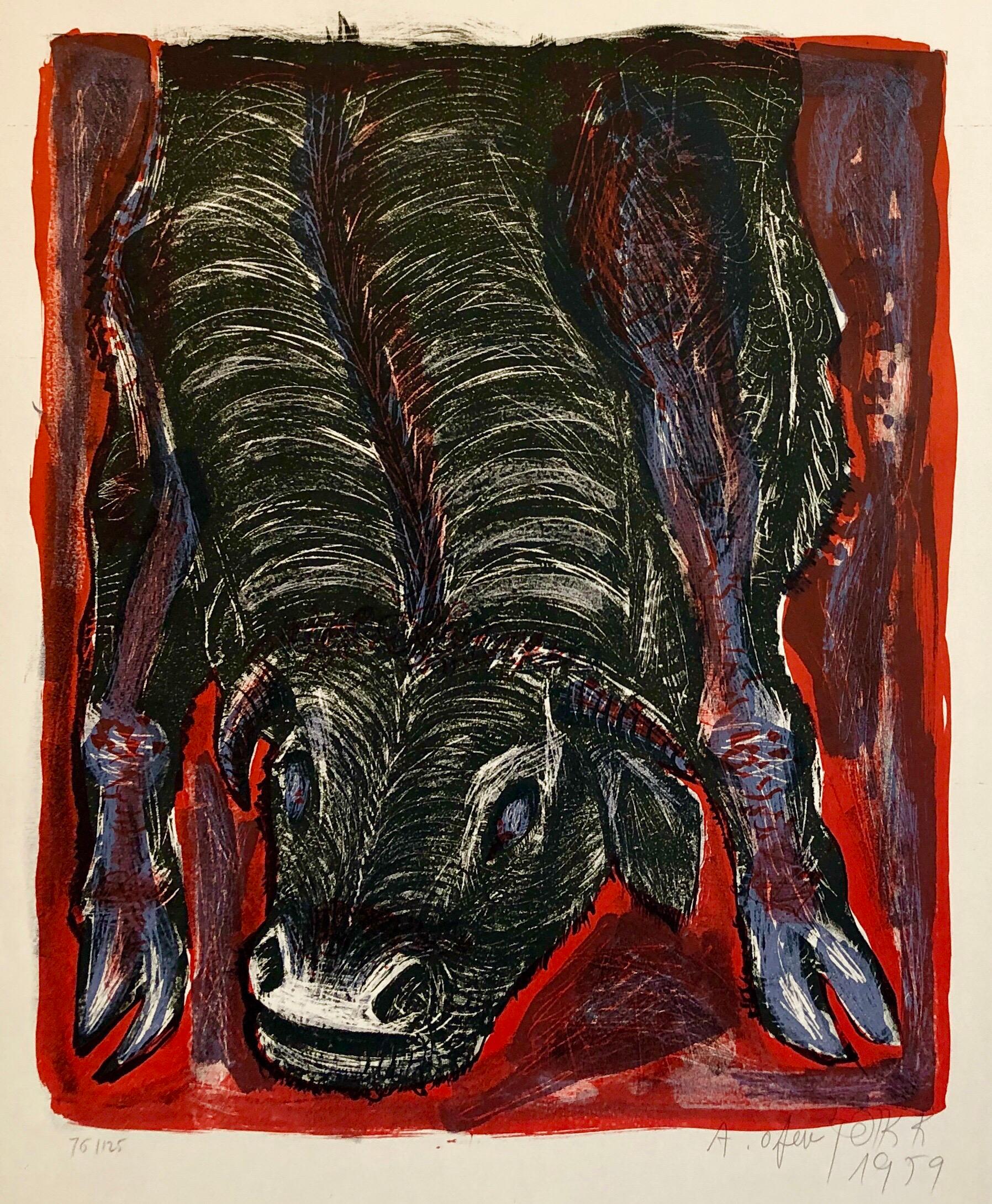 Bright, vibrant purple, red and black bull or ox. 
1959 Lithograph "Bull".
This was from a portfolio which included works by Yosl Bergner, Menashe Kadishman, Yosef Zaritsky, Aharon Kahana, Jacob Wexler, Moshe Tamir and Michael Gross.

Avraham Ofek