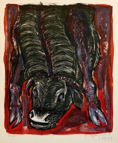 1959 Litografia modernista israeliana Avraham Ofek Leviathan, Toro, Scuola di Bezalel