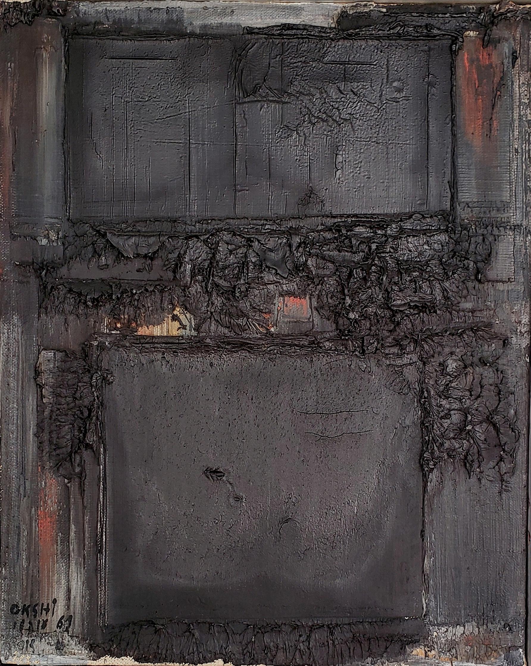Avshalom Okashi: Abstrakte Komposition, Öl auf Leinwand, datiert 1961 (Handbemalt) im Angebot