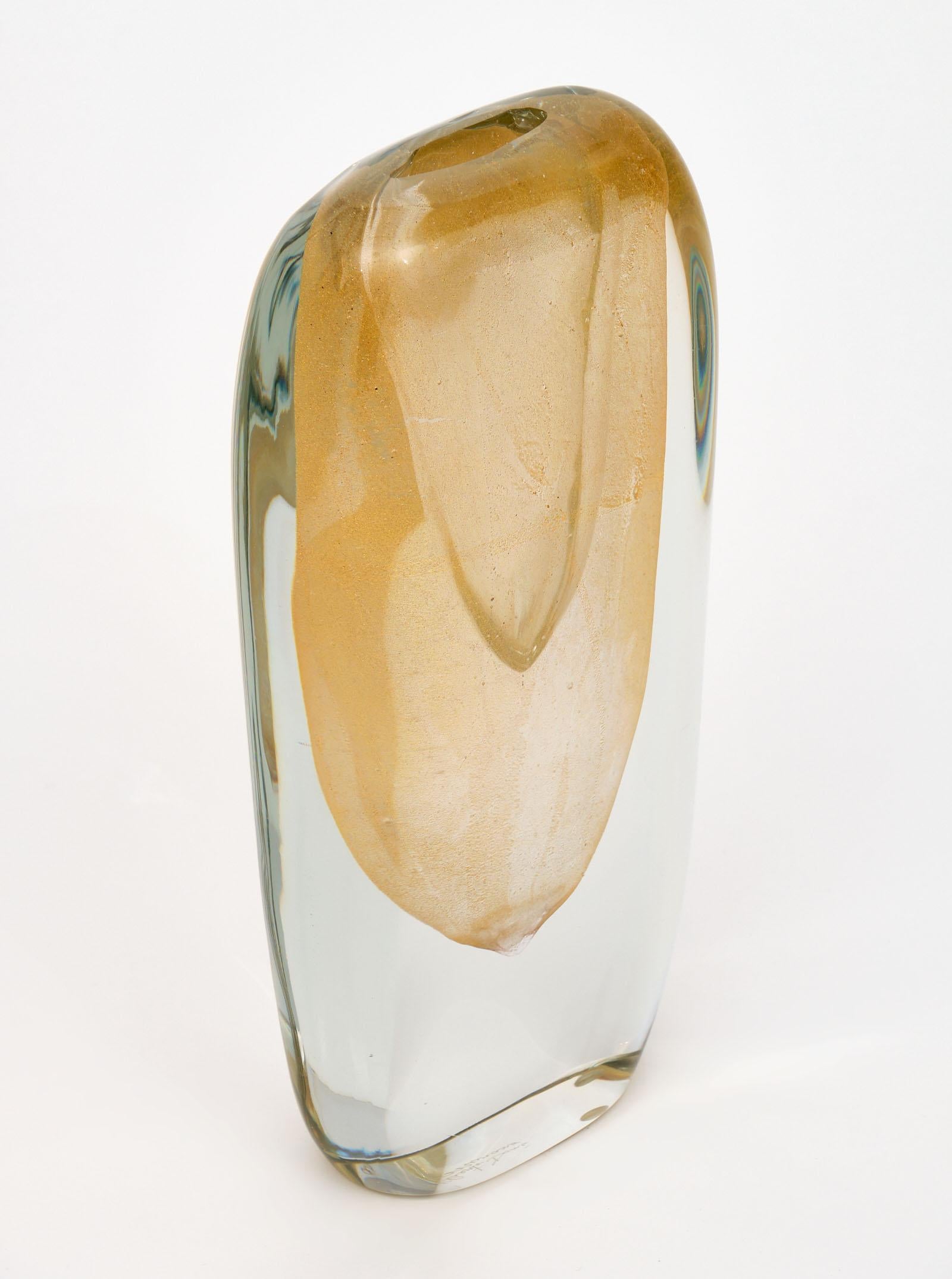 Avventurina Murano Glass Sommerso vase with beautiful 23-carat gold fused within. We love this hand blown superb quality of this piece and the Sommerso technique, which involves immersing the avventurina glass within layers of clear glass. This is