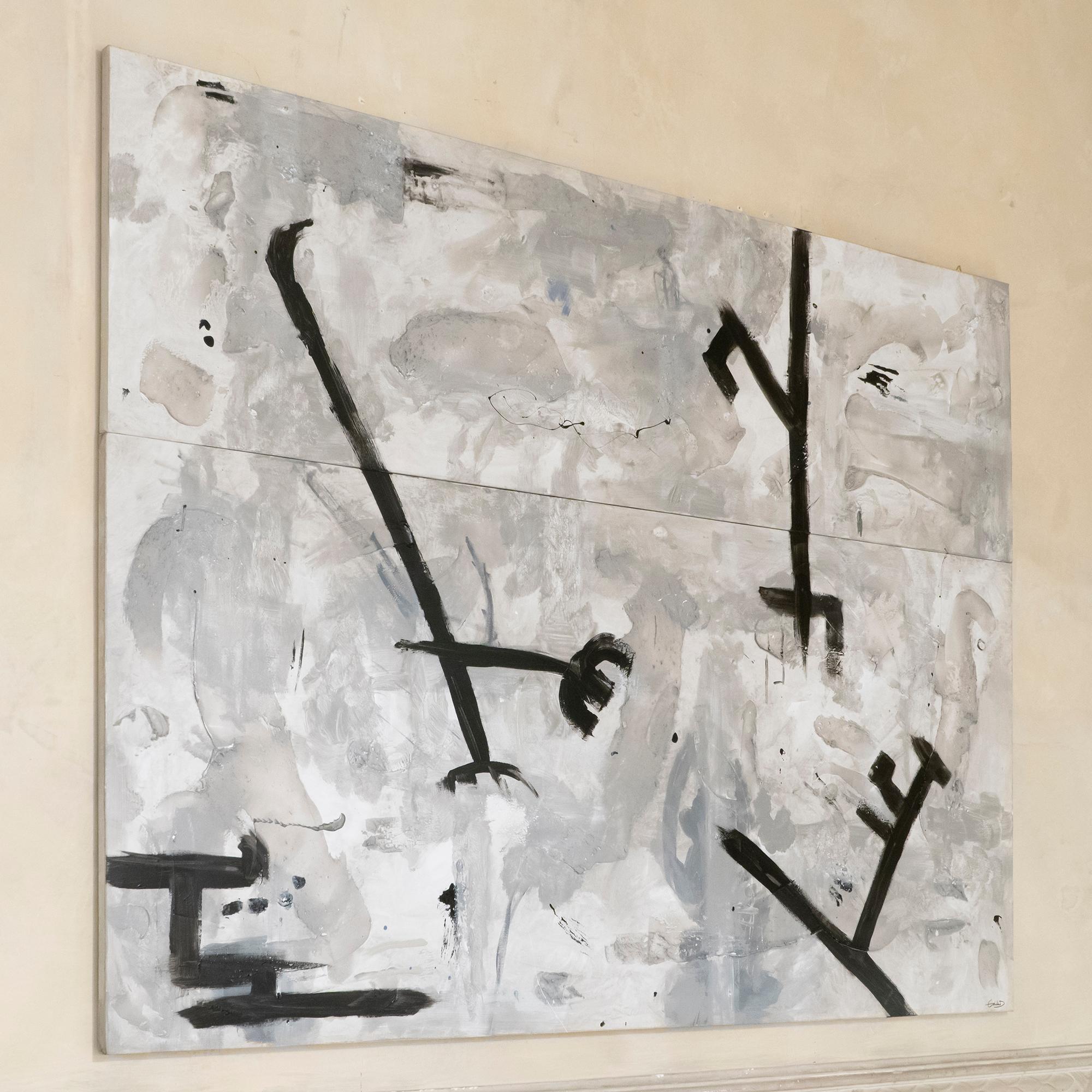 Black and white mixed-media abstract painting on canvas, can be display as a single wall art piece or separately as a diptych, by Guendalina Dorata, Italy, 2018.