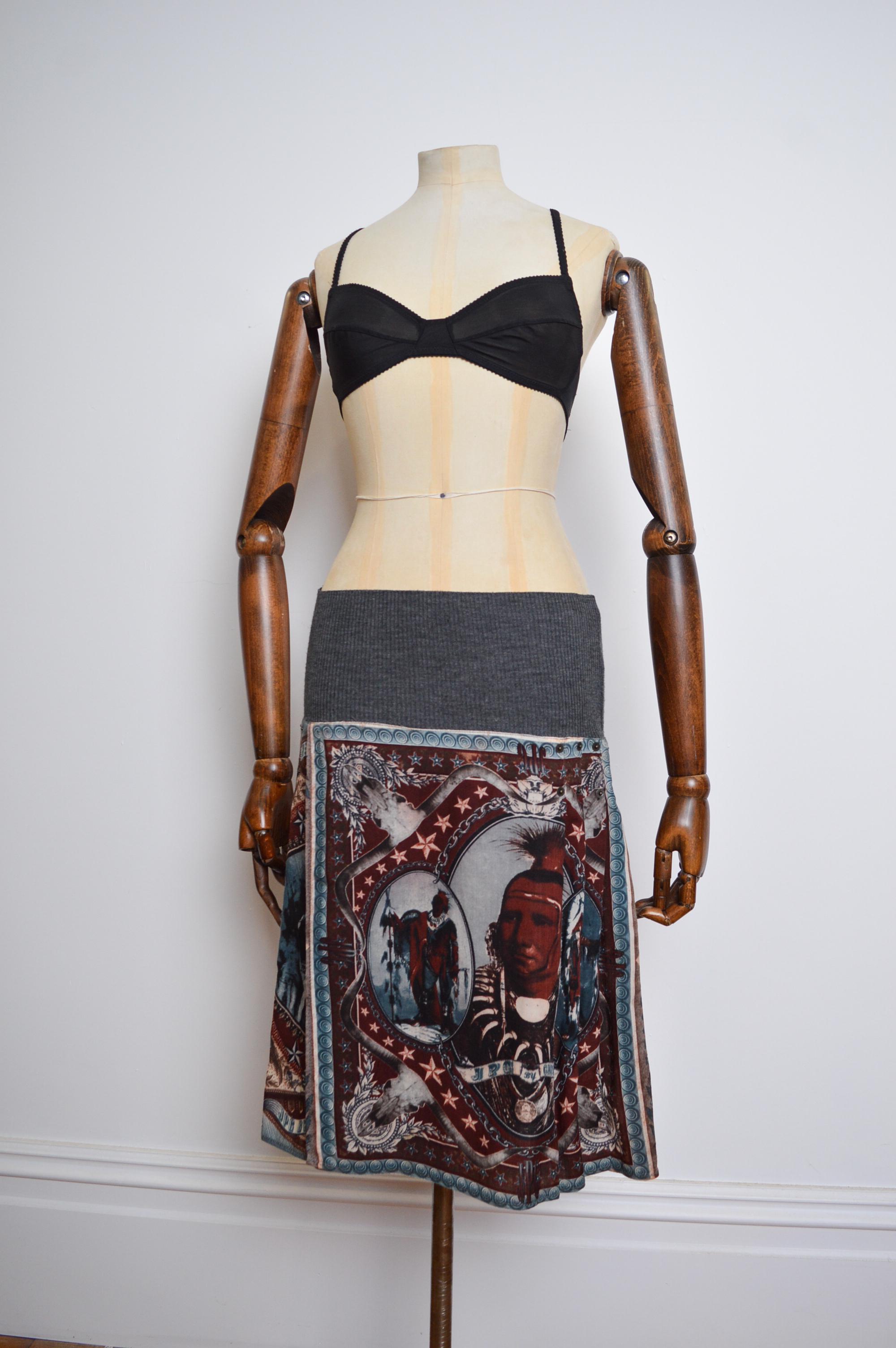 AW 1994 Vintage Jean Paul Gaultier Native American Print Avant Guard Kilt Skirt For Sale 8