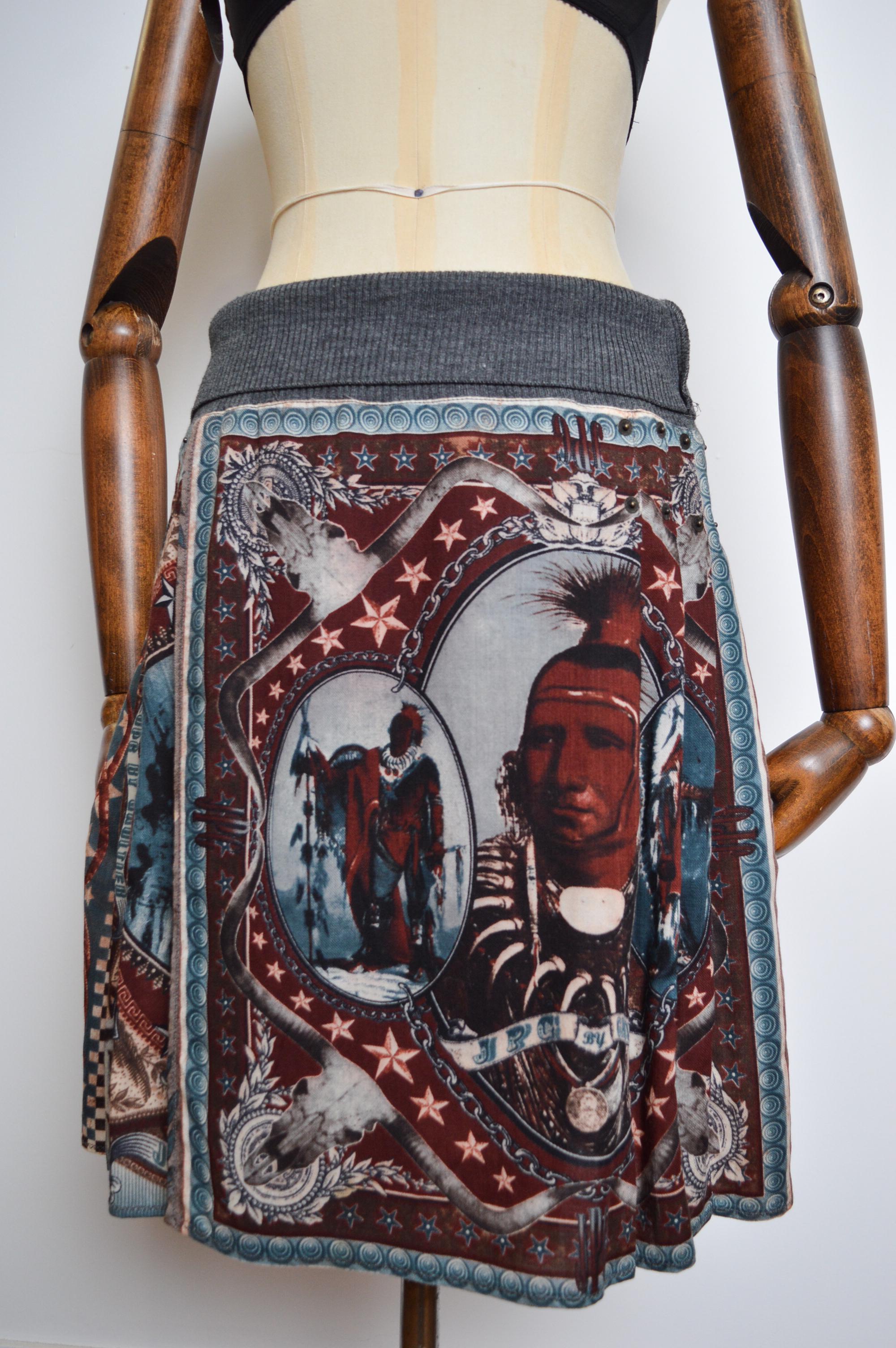 AW 1994 Vintage Jean Paul Gaultier Native American Print Avant Guard Kilt Skirt For Sale 1