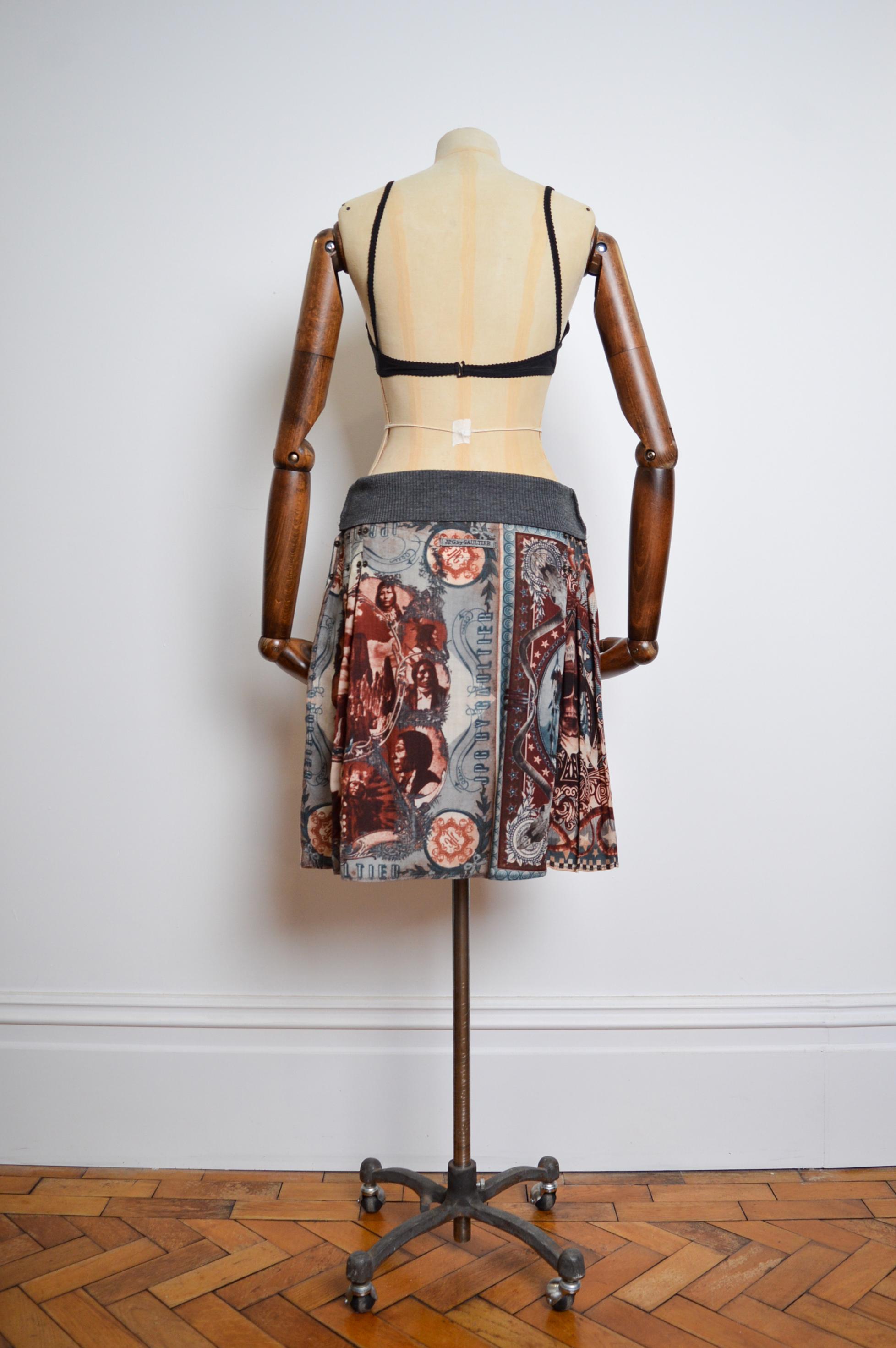 AW 1994 Vintage Jean Paul Gaultier Native American Print Avant Guard Kilt Skirt For Sale 1