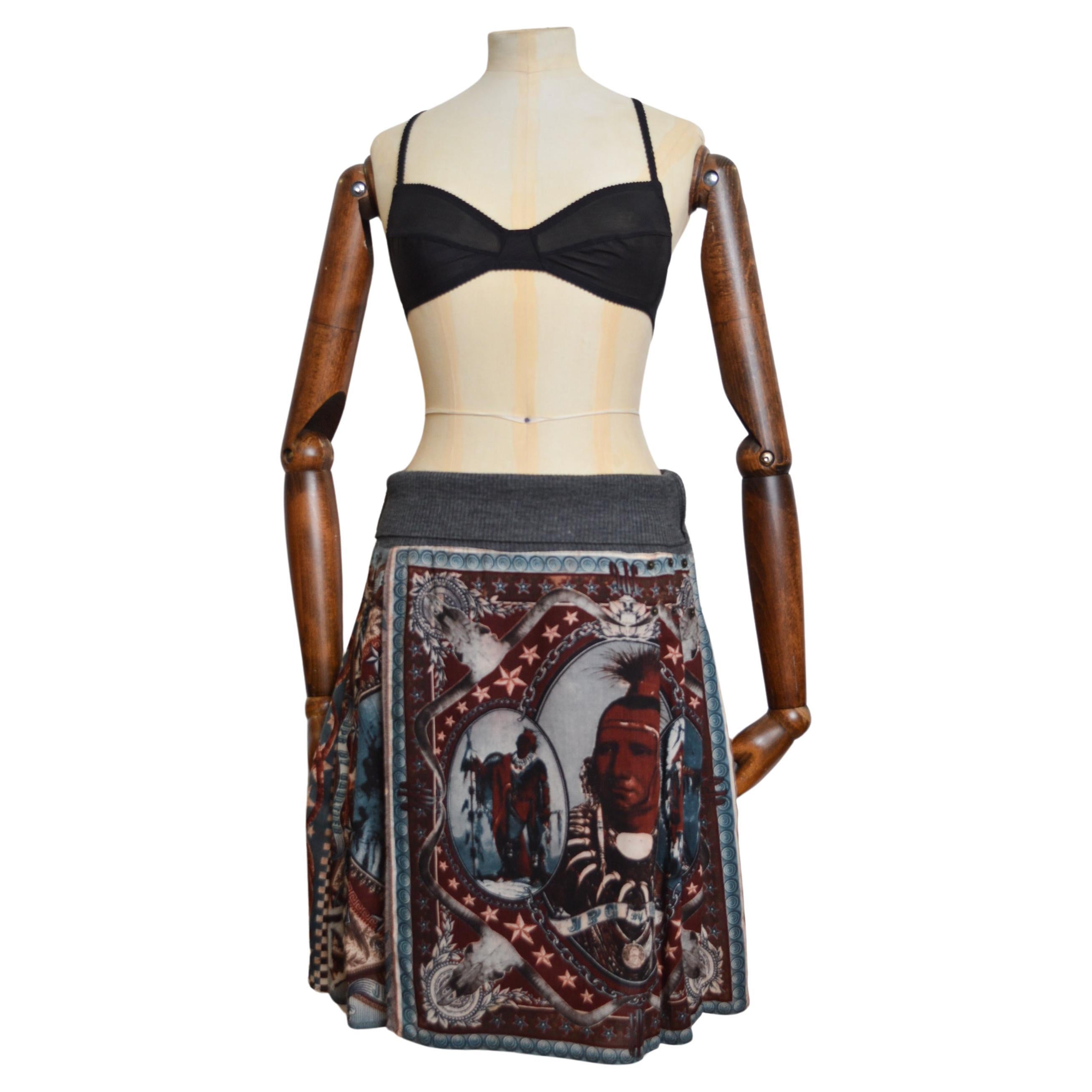 AW 1994 Vintage Jean Paul Gaultier Native American Print Avant Guard Kilt Skirt For Sale