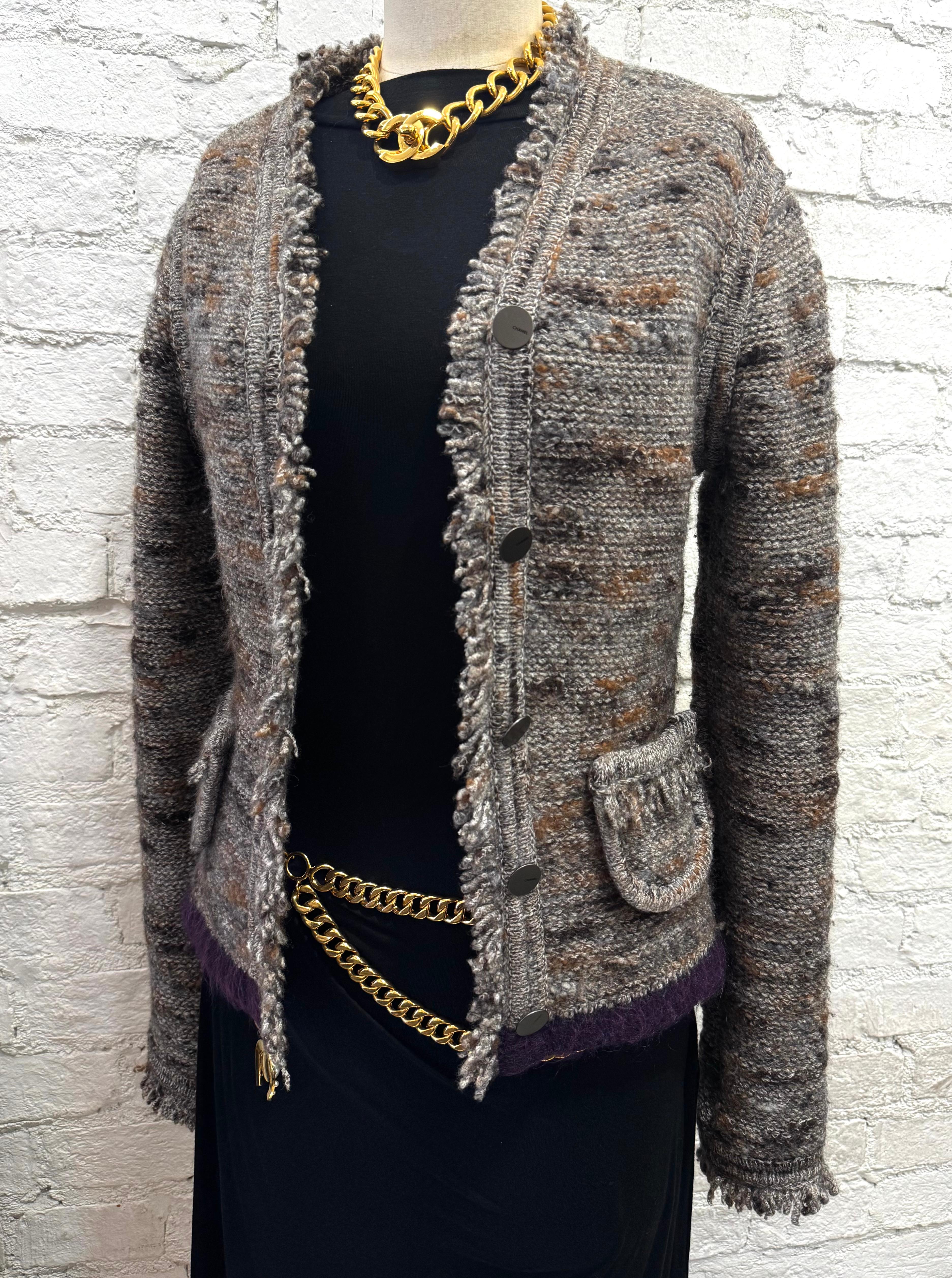 Gray AW 1999 CHANEL Wool-Blend Cardigan Grey Brown FR36 For Sale