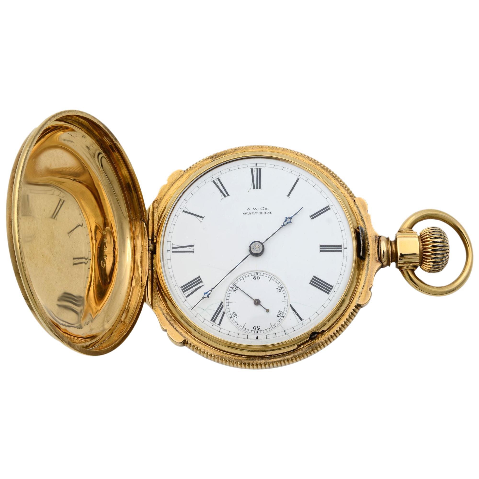 A.W. Co Waltham 14 Karat Gelbgold circa 1890er Jahre Handaufzug Taschenuhr im Angebot