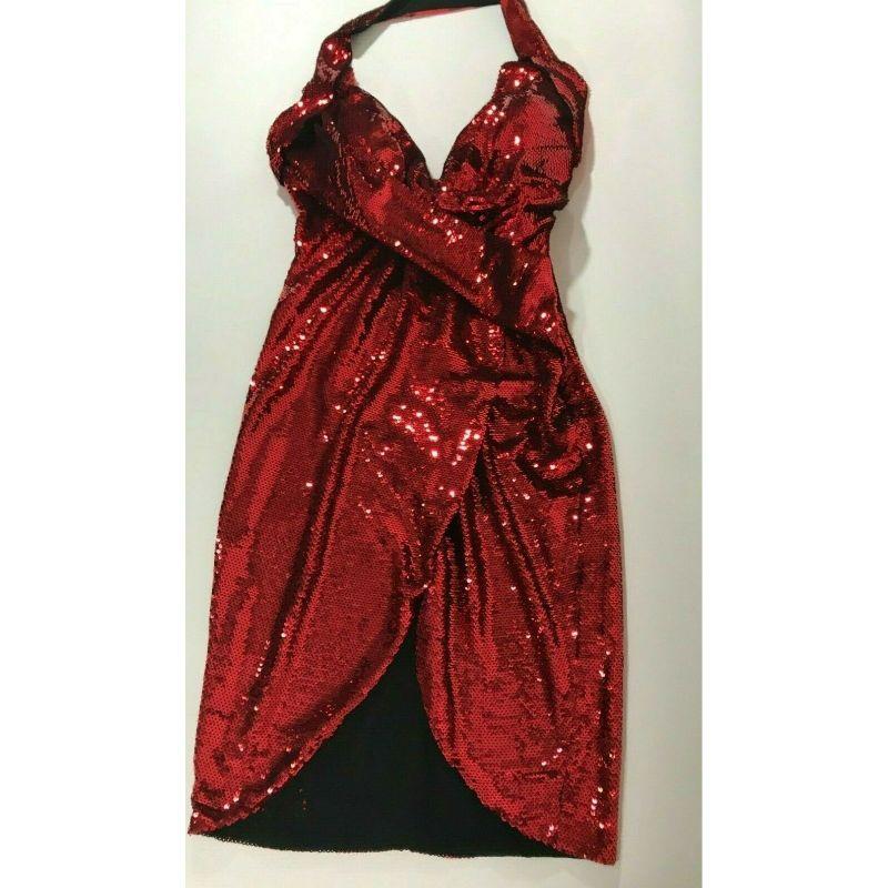 AW15 Moschino Couture Jeremy Scott Red Wrpeffect Sequined Crepe Halterneck Dress In New Condition For Sale In Palm Springs, CA
