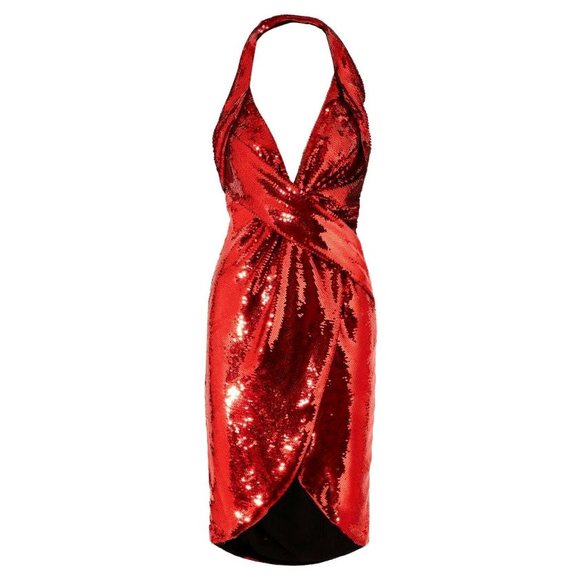 AW15 Moschino Couture Jeremy Scott Red Wrpeffect Sequined Crepe Crepe Creck Halterneck Dress