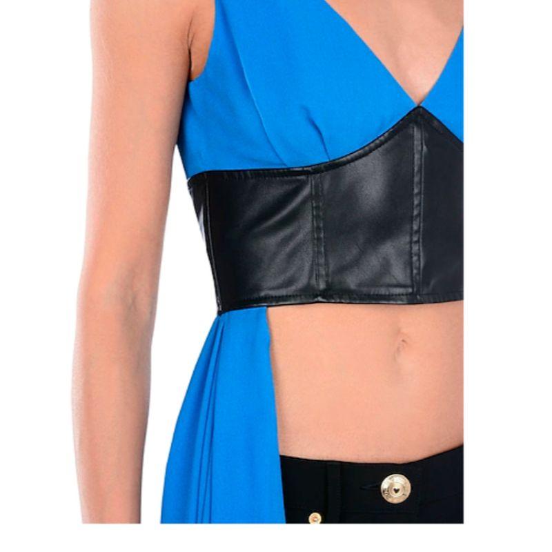 AW16 Moschino Couture Jeremy Scott Black Faux Leather Top W/ Blue Silk Back Tail For Sale 1
