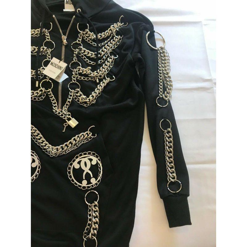 AW16 Moschino Couture Jeremy Scott Black Sweatshirt Hoodie Dress W/ Chains Hoops In New Condition For Sale In Palm Springs, CA