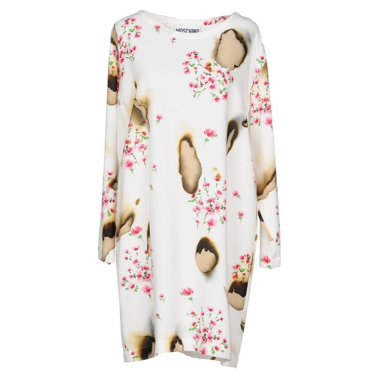 AW16 Moschino Couture Jeremy Scott Burnt Effect Floral White Rayon Dress