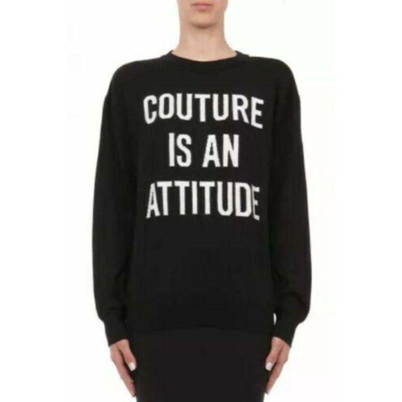 AW17 Moschino Couture Jeremy Scott Couture Is an Attitude Black Wool Sweater
 
Additional Information:
Material: 100% Wool
Color: Black/White/Multi-color 
Style: Pullover
Dimension: 36 IT
100% Authentic!!!
Condition: Brand new with tags