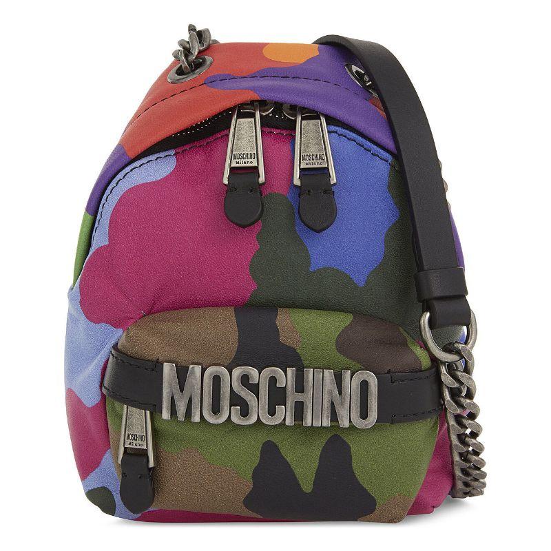 AW17 Moschino Couture Jeremy Scott Green Purple Camouflage Leather Mini Backpack For Sale 3