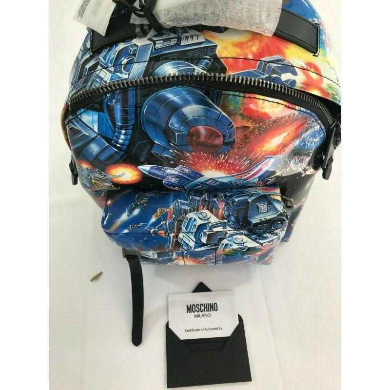 AW17 Moschino Couture Jeremy Scott Transformers Blue Multi-color Print Backpack In New Condition For Sale In Palm Springs, CA