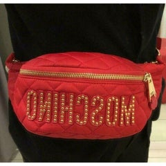 AW18 Moschino Couture Jeremy Scott Red Quilted Fanny Pack w/ Gold Studded Logo