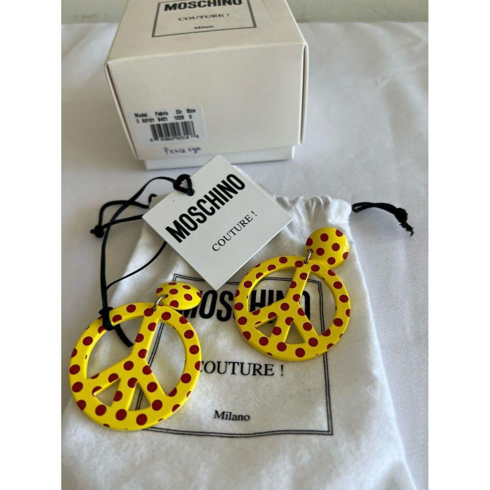 AW18 Moschino Couture Yellow Peace Sign Earrings with Red Polka Dots For Sale 1