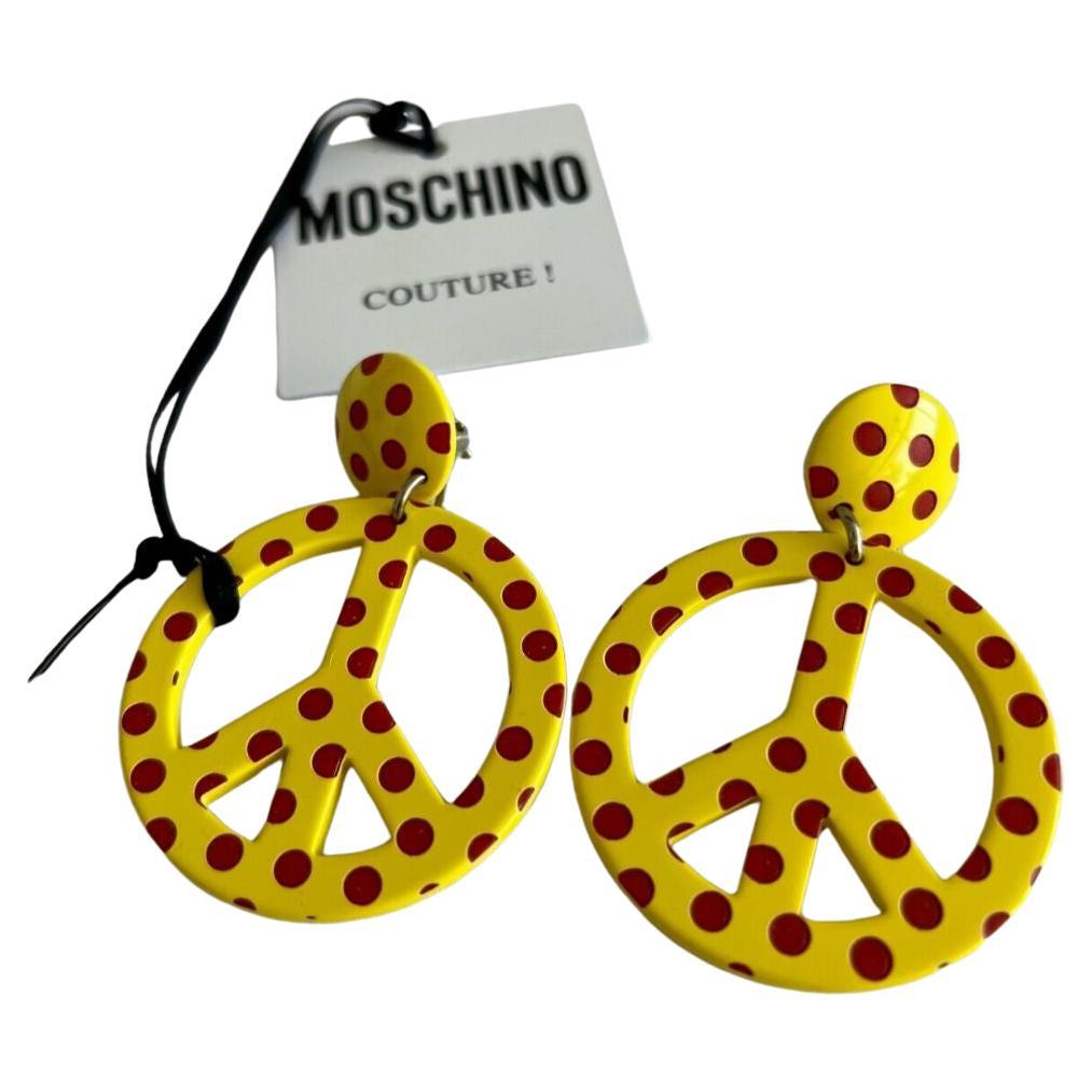 AW18 Moschino Couture Yellow Peace Sign Earrings with Red Polka Dots For Sale