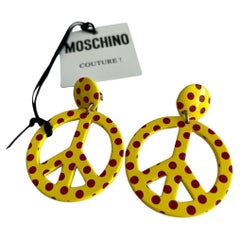 AW18 Moschino Couture Yellow Peace Sign Earrings with Red Polka Dots