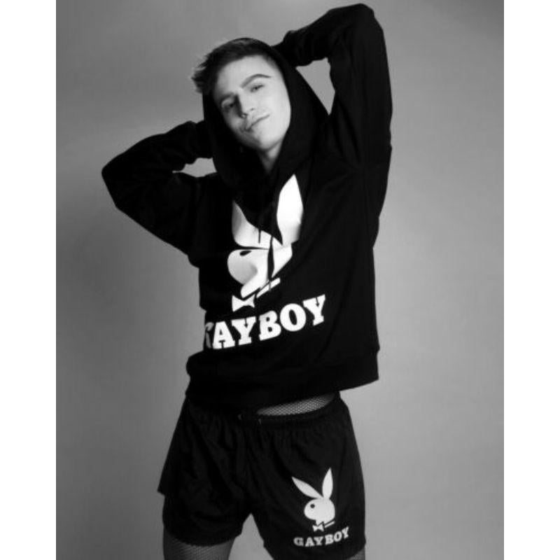 AW19 Moschino Couture Jeremy Scott Playboy Gayboy Black Hooded Sweatshirt 52 IT For Sale 2